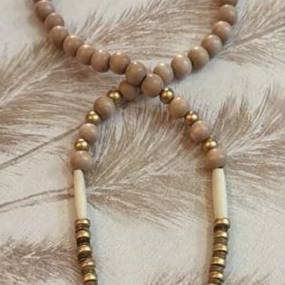 Long Wood Bead Necklace Brass Ring Pendant 38" - Picture 5 of 5